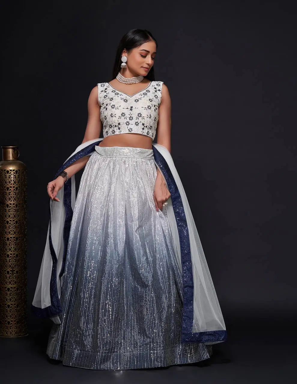 White-Blue Satin Silk Dori &amp; Sequence Embroidery Work Lehenga Choli