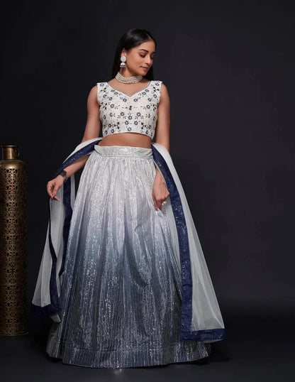 White-Blue Satin Silk Dori &amp; Sequence Embroidery Work Lehenga Choli