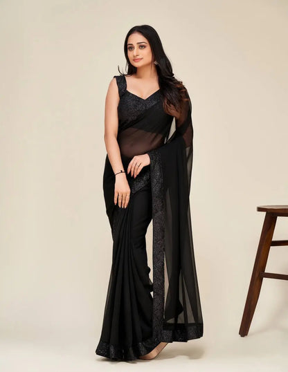 Hot Black Georgette Saree With sequins Embroidery Border Work