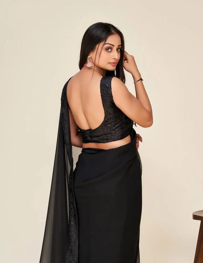 Hot Black Georgette Saree With sequins Embroidery Border Work