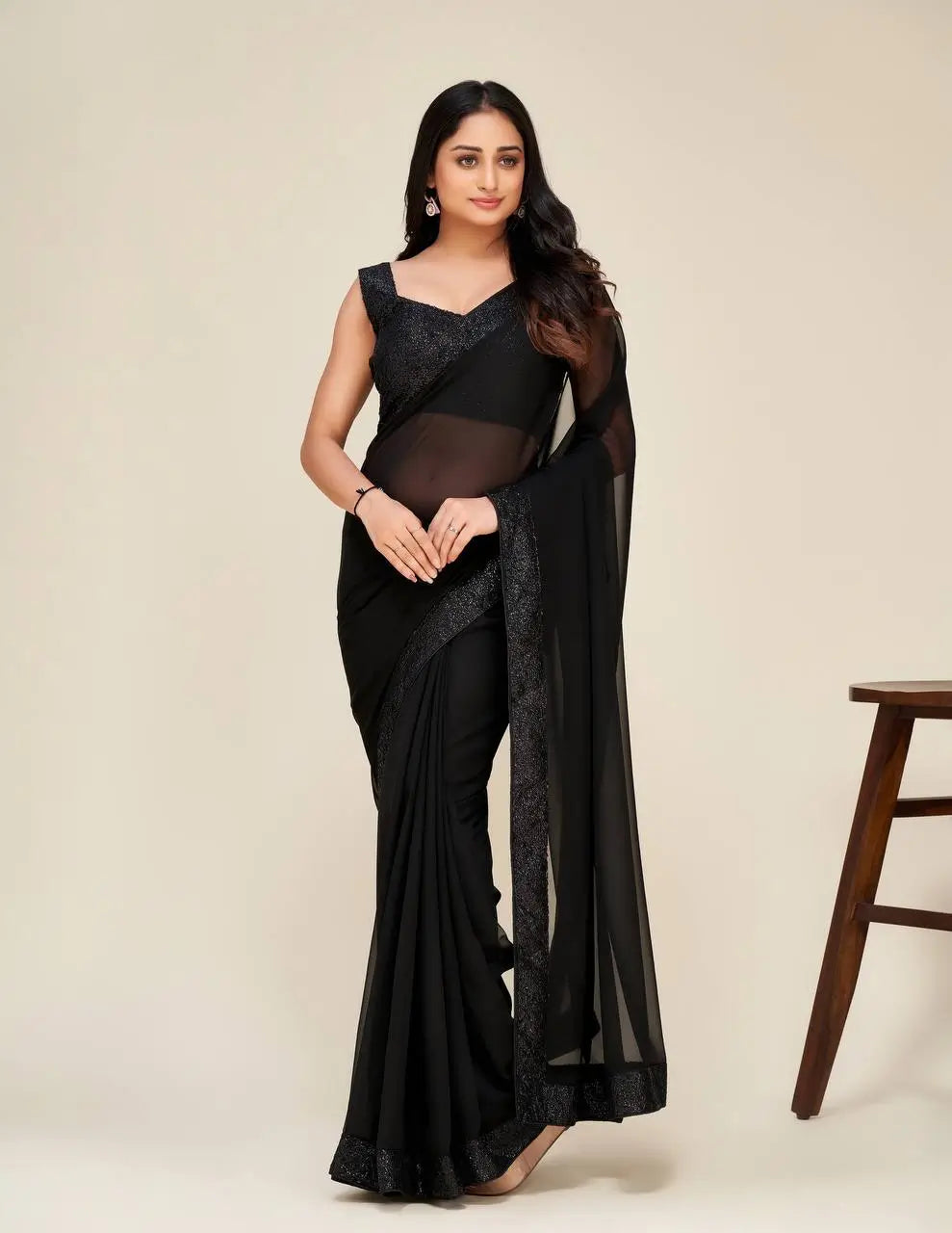 Hot Black Georgette Saree With sequins Embroidery Border Work