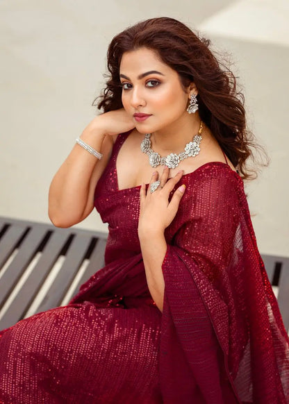 Hot Red Georgette Saree With Sequence Work