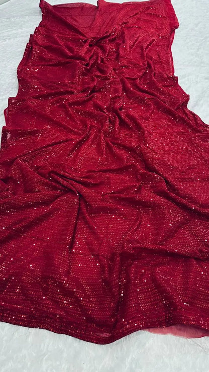Hot Red Georgette Saree With Sequence Work