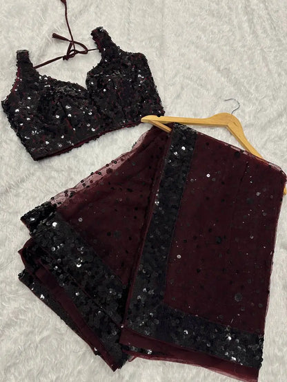 Dark Brown Net Saree With Sequins Embroidery Work