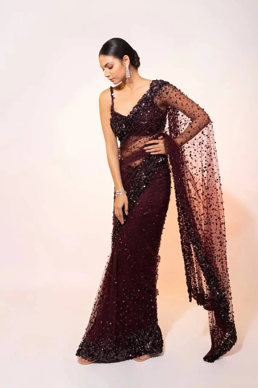 Dark Brown Net Saree With Sequins Embroidery Work