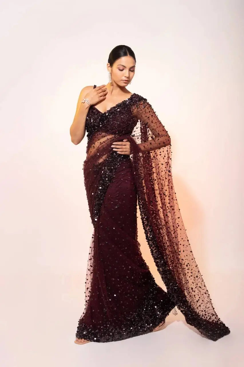 Dark Brown Net Saree With Sequins Embroidery Work