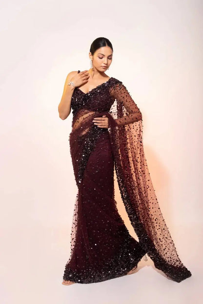 Dark Brown Net Saree With Sequins Embroidery Work