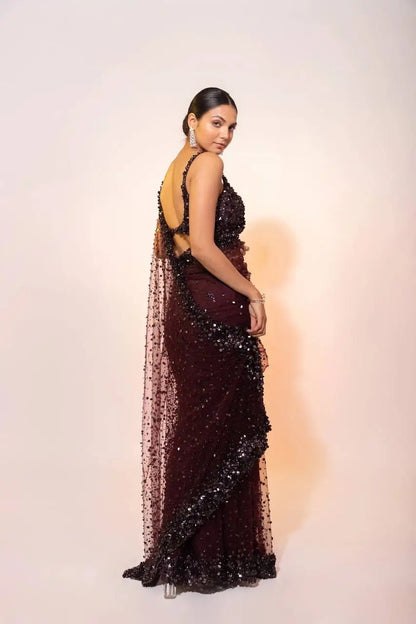 Dark Brown Net Saree With Sequins Embroidery Work