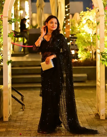 Black Net Saree With Sequins & Thread work