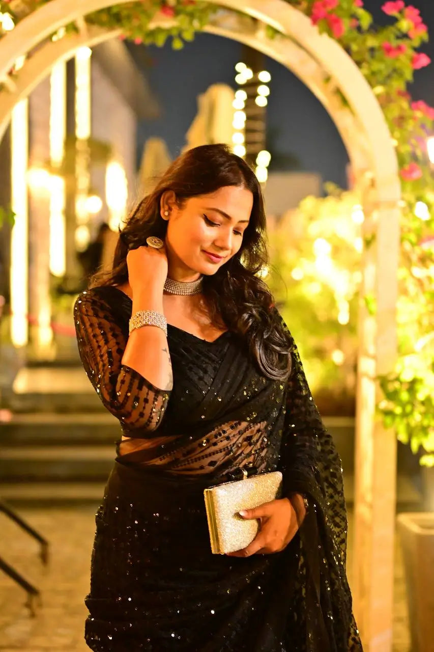 Black Net Saree With Sequins & Thread work