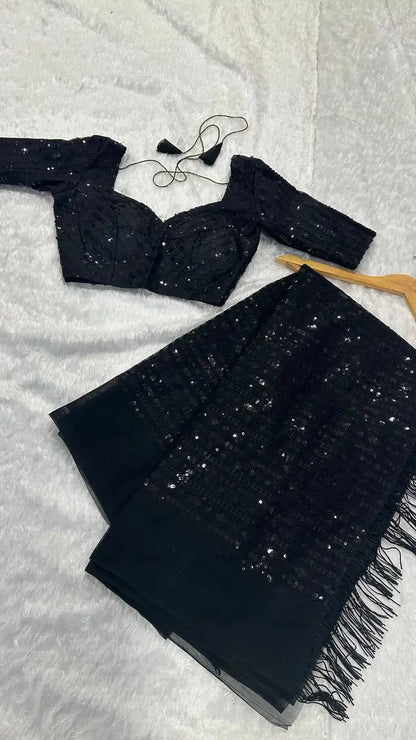 Black Net Saree With Sequins & Thread work