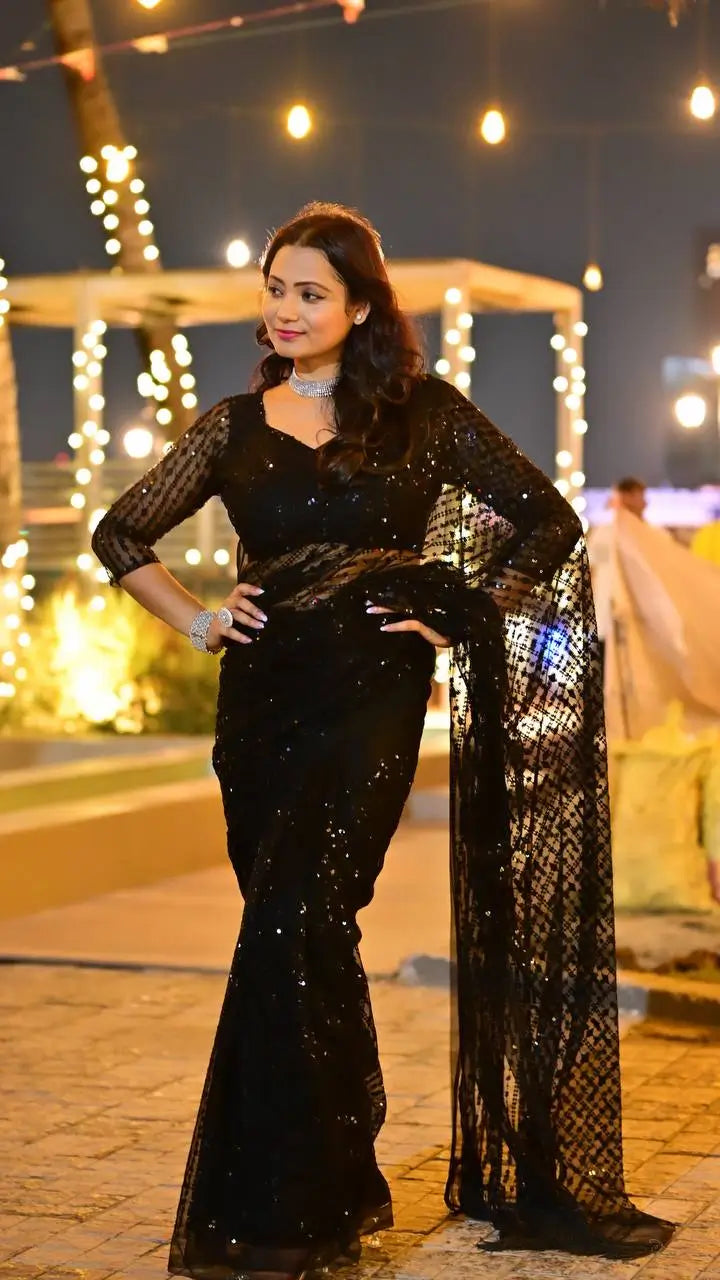 Black Net Saree With Sequins & Thread work