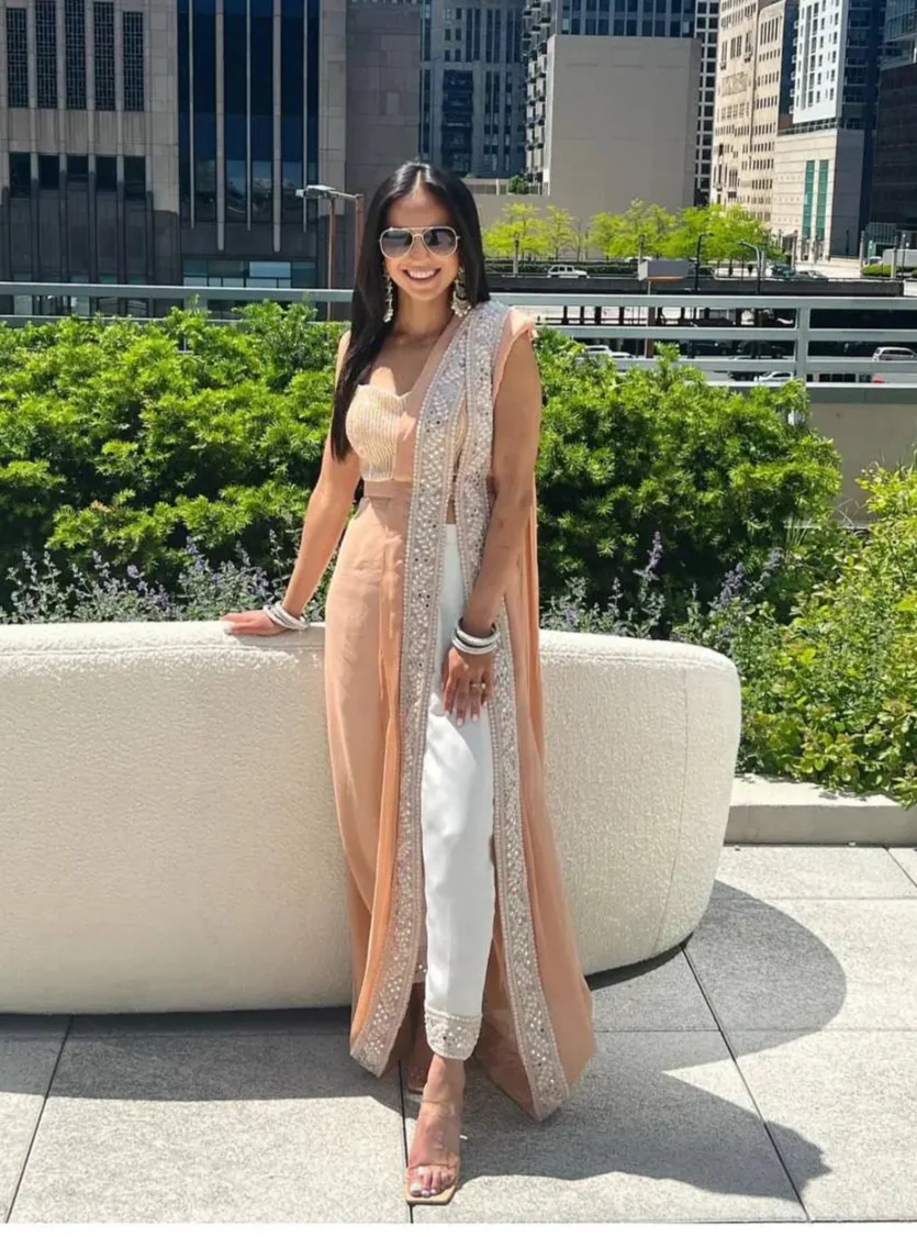 Peach-White Georgette Ready To Wear Pant Saree With Sequins & Resham Thread Work