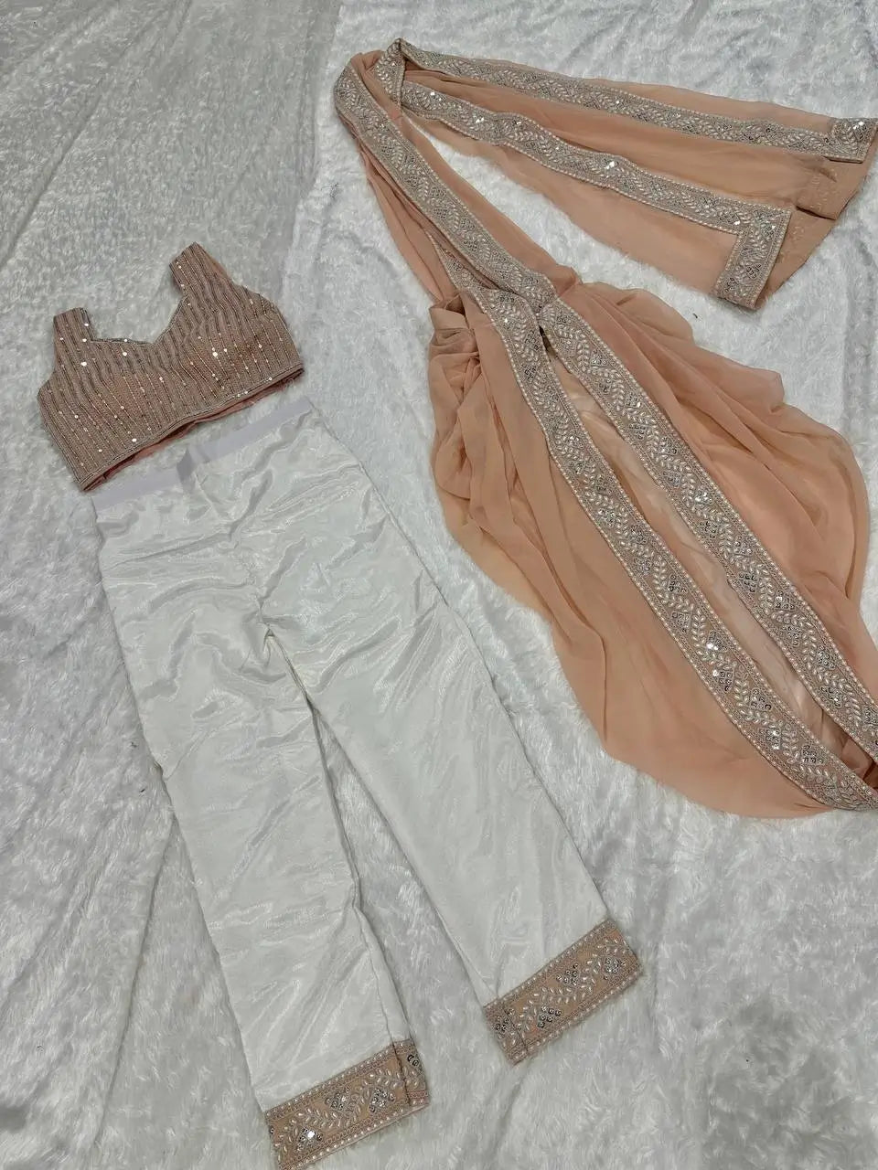 Peach-White Georgette Ready To Wear Pant Saree With Sequins & Resham Thread Work