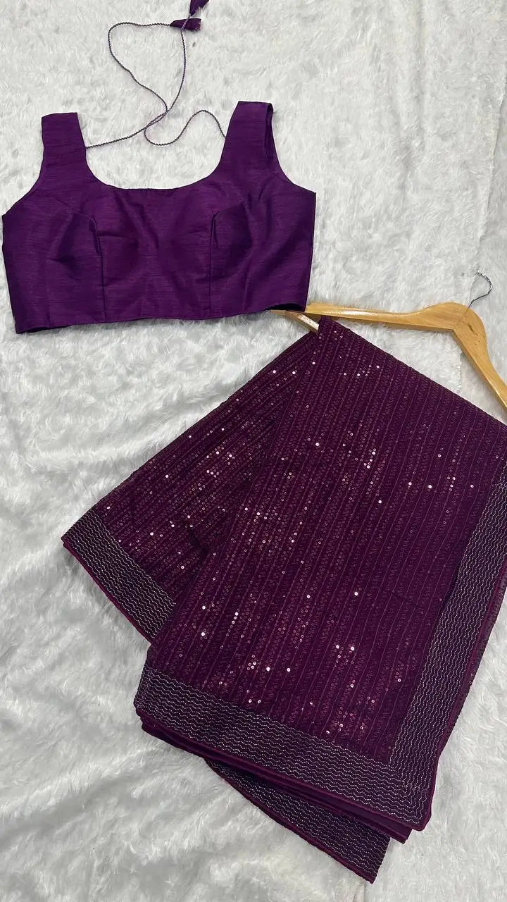 Dark Purple Georgette Saree With Sequins & Dori Border Work