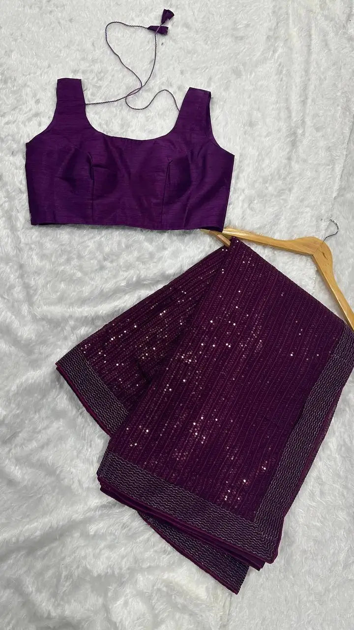 Dark Purple Georgette Saree With Sequins & Dori Border Work