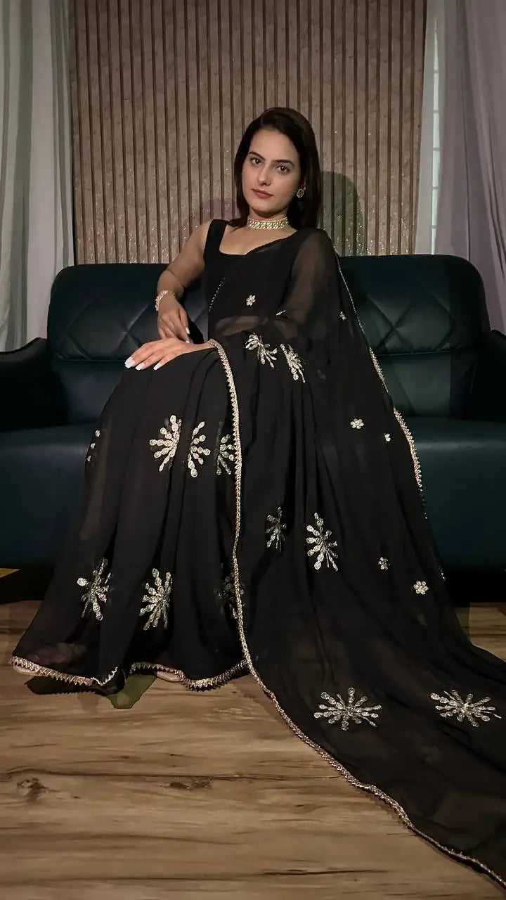 Black Georgette Saree With Sequins & Border Work