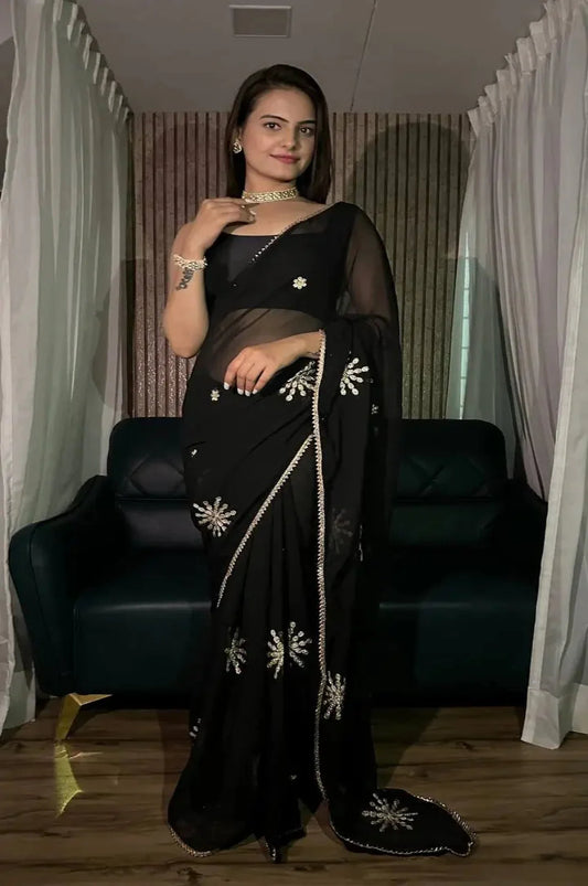 Black Georgette Saree With Sequins & Border Work
