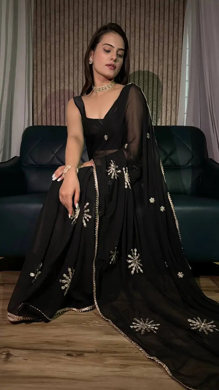 Black Georgette Saree With Sequins & Border Work