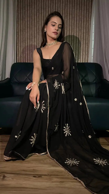 Black Georgette Saree With Sequins & Border Work