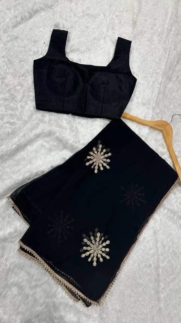Black Georgette Saree With Sequins & Border Work