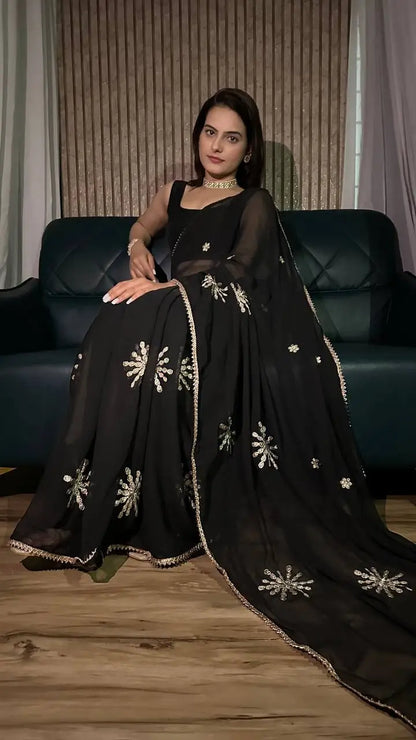Black Georgette Saree With Sequins & Border Work