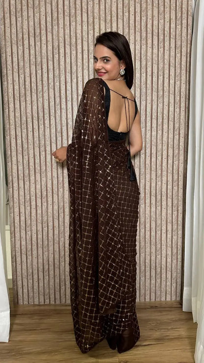 Dark Brown Georgette Saree With Sequins Embroidery Work