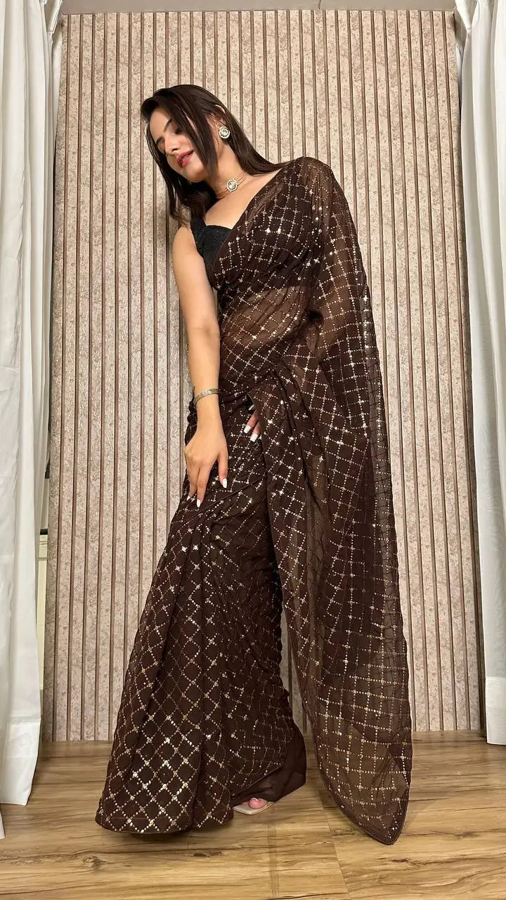 Dark Brown Georgette Saree With Sequins Embroidery Work