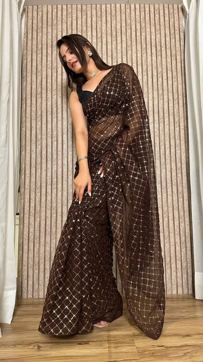 Dark Brown Georgette Saree With Sequins Embroidery Work