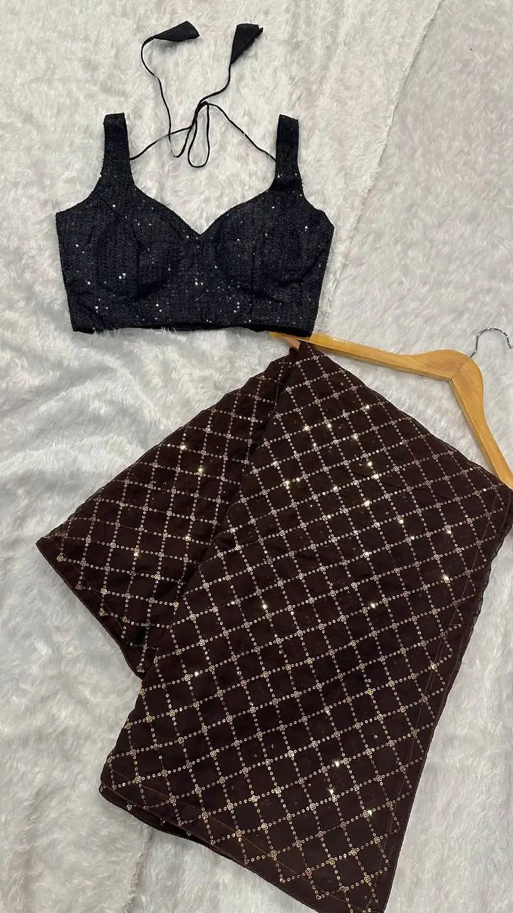 Dark Brown Georgette Saree With Sequins Embroidery Work