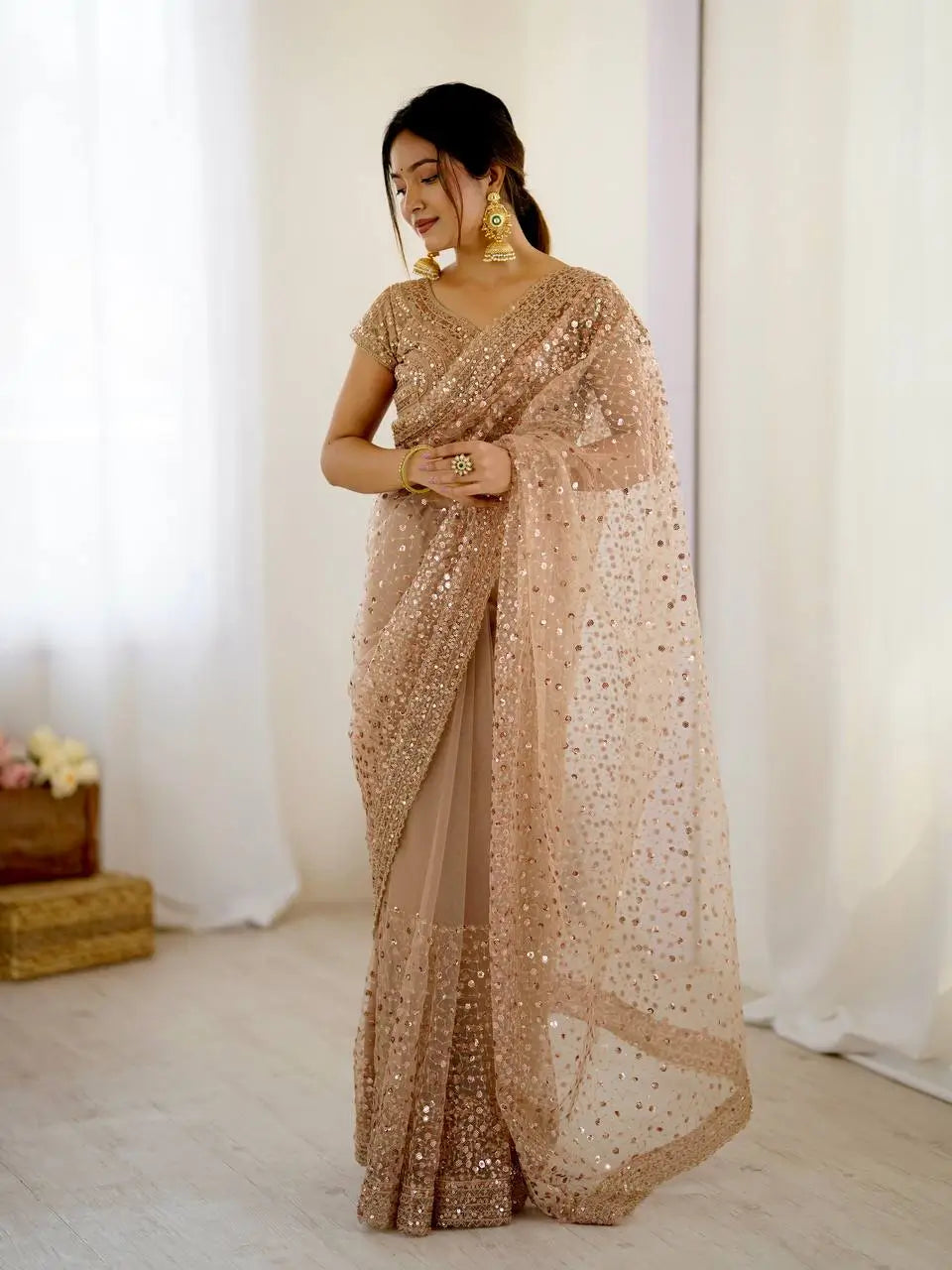 Golden Beige Net Saree With Sequins & Dori Work