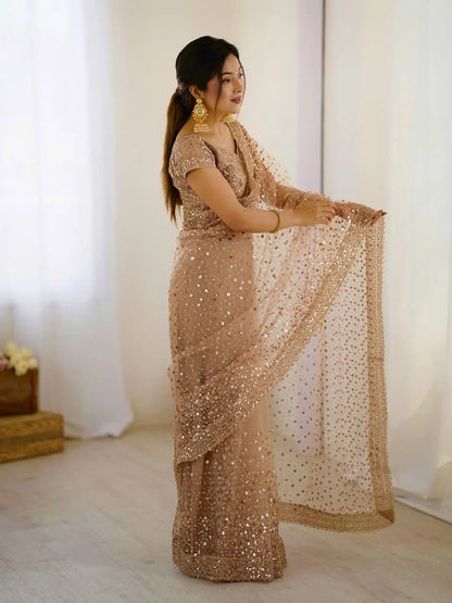 Golden Beige Net Saree With Sequins & Dori Work