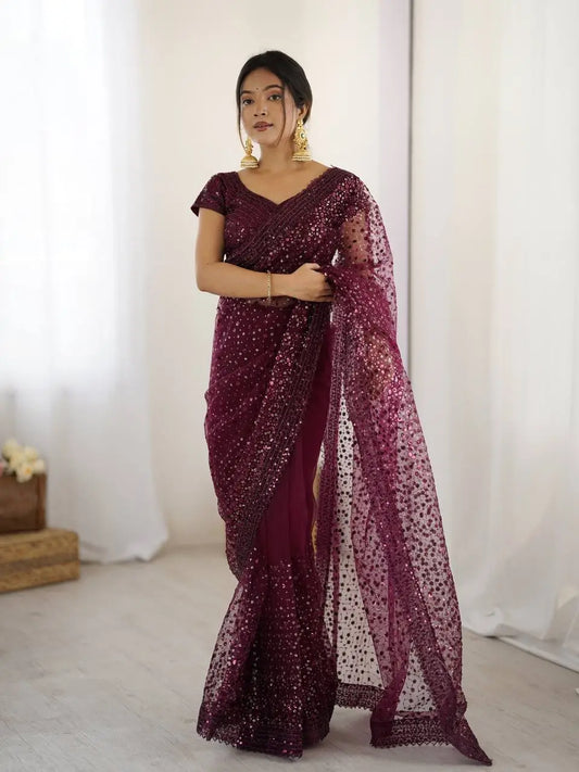 Wine Net Saree With Sequins & Dori Work