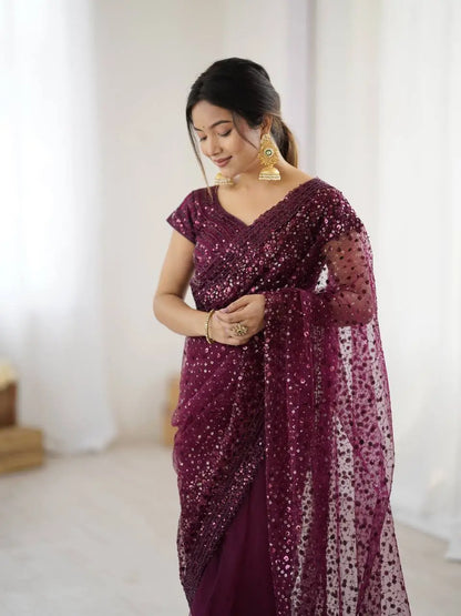 Wine Net Saree With Sequins & Dori Work