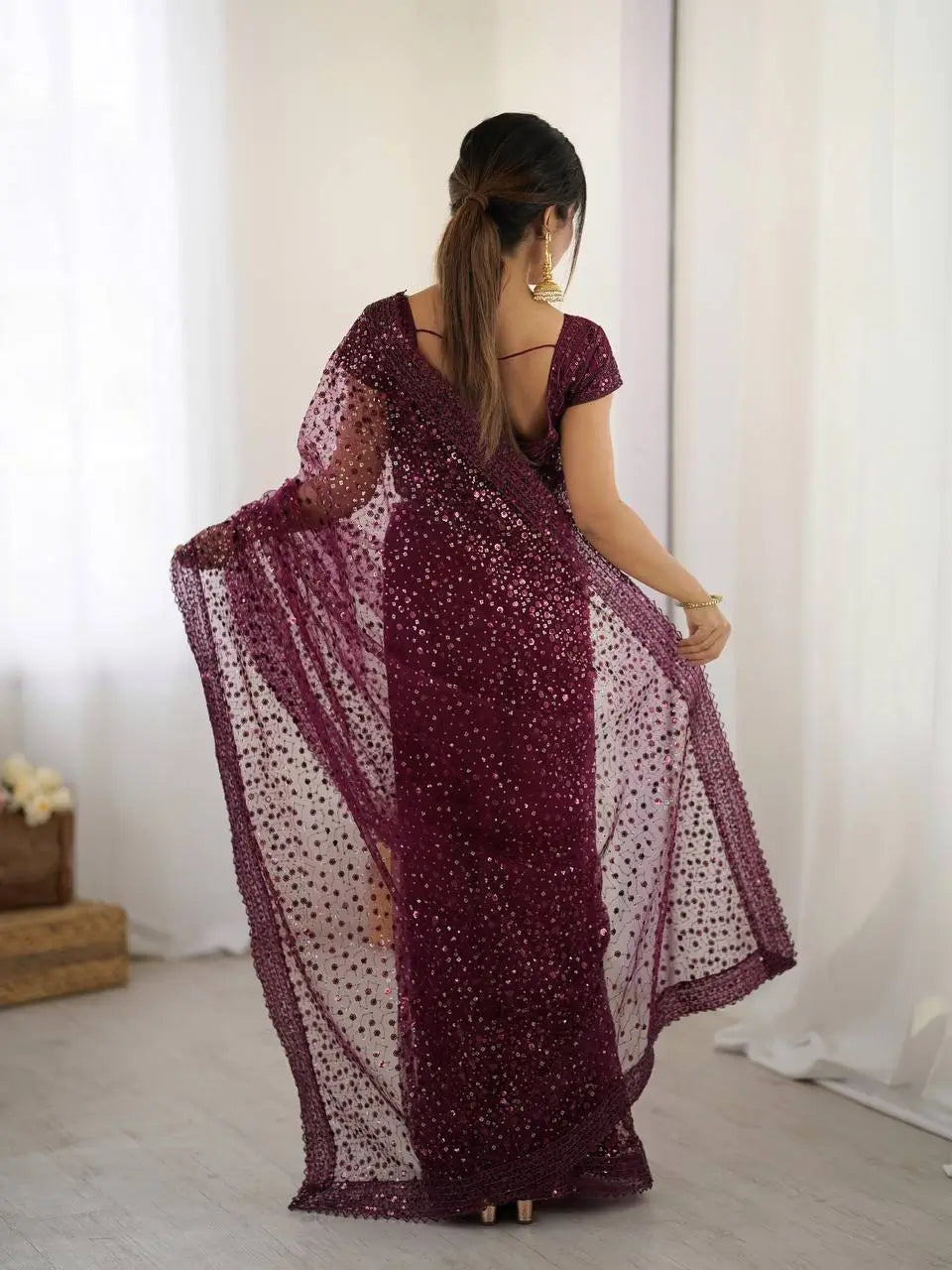 Wine Net Saree With Sequins & Dori Work