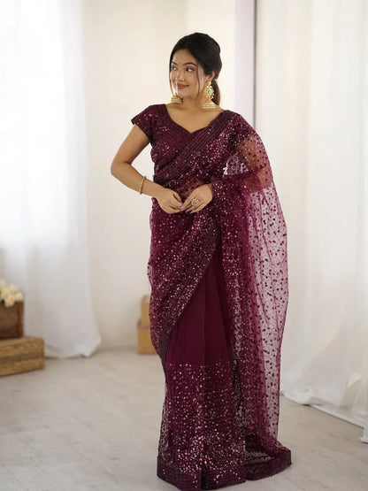 Wine Net Saree With Sequins & Dori Work