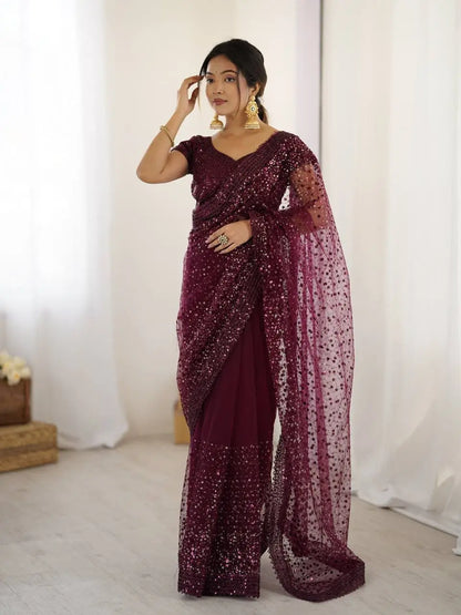 Wine Net Saree With Sequins & Dori Work