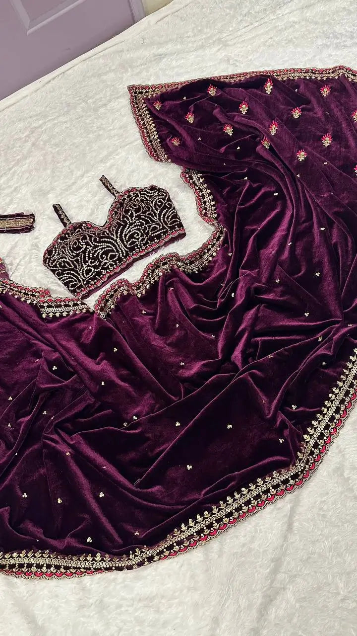 Wine Velvet Saree With Sequins, Zari & Thread Work