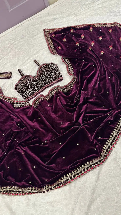 Wine Velvet Saree With Sequins, Zari & Thread Work
