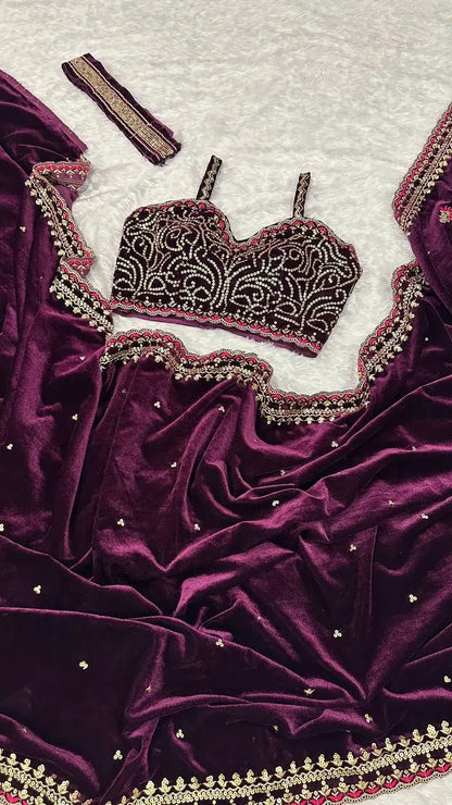 Wine Velvet Saree With Sequins, Zari & Thread Work