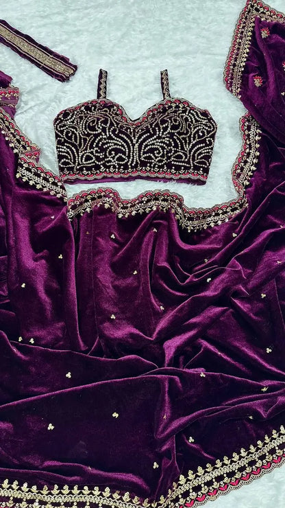 Wine Velvet Saree With Sequins, Zari & Thread Work