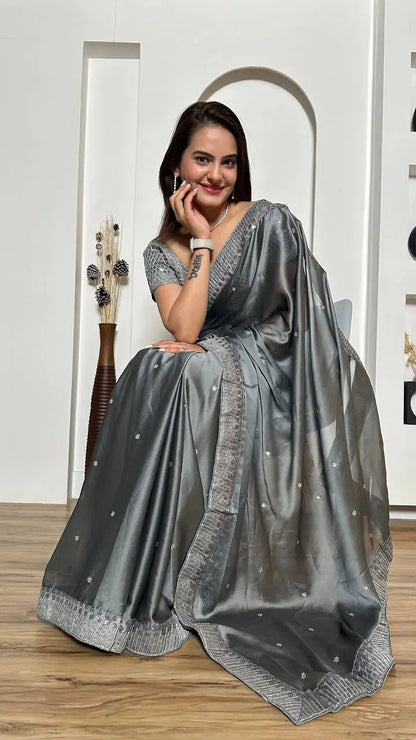 Grey Rangoli Silk Saree With Sequins, Dori & Stone Work