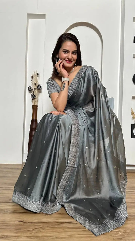 Grey Rangoli Silk Saree With Sequins, Dori & Stone Work