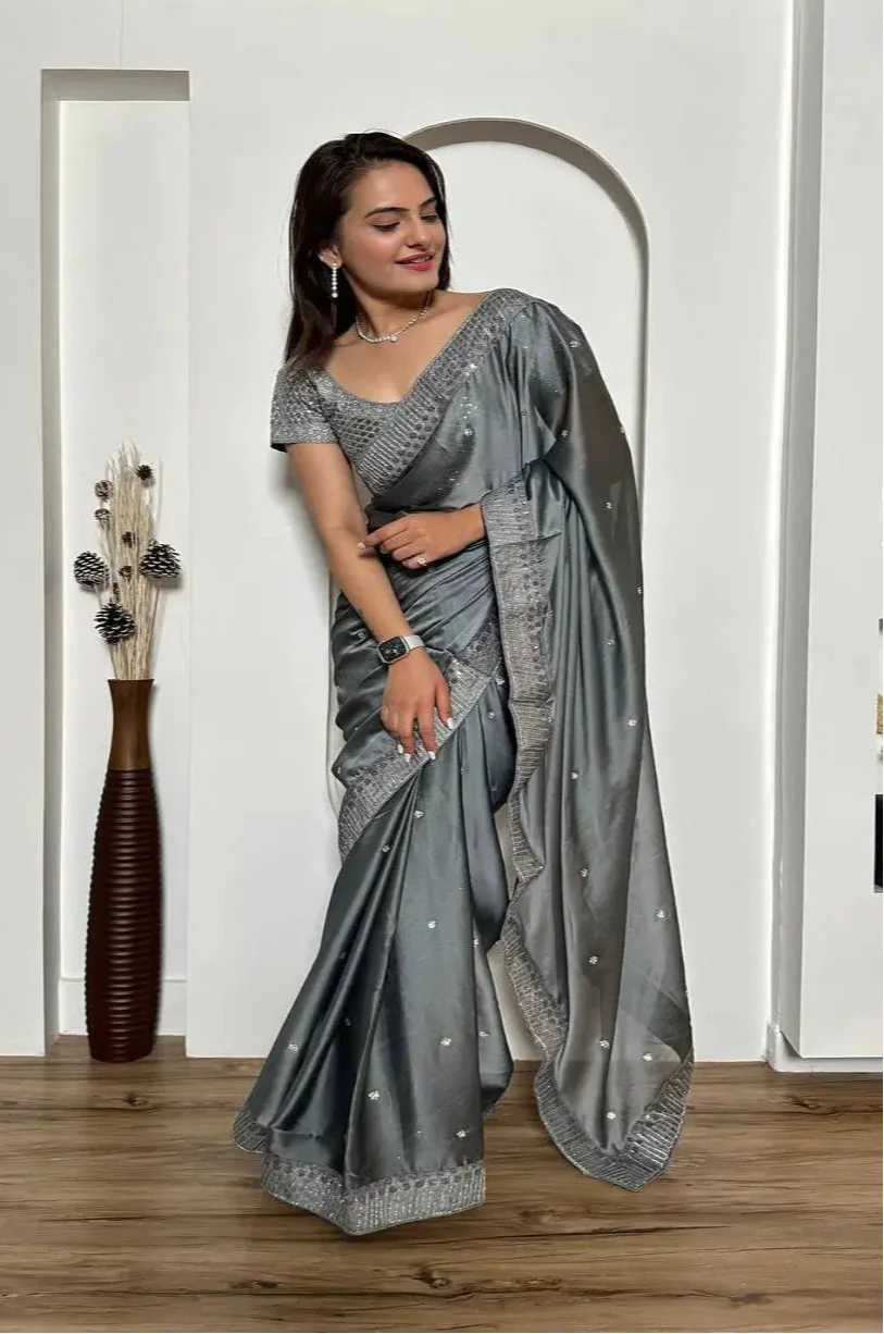 Grey Rangoli Silk Saree With Sequins, Dori & Stone Work