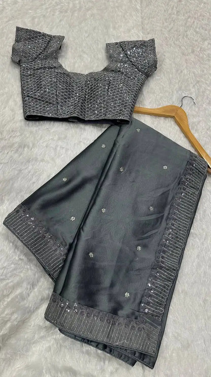 Grey Rangoli Silk Saree With Sequins, Dori & Stone Work
