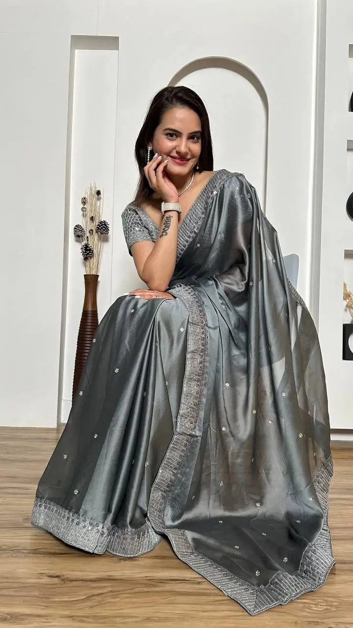 Grey Rangoli Silk Saree With Sequins, Dori & Stone Work