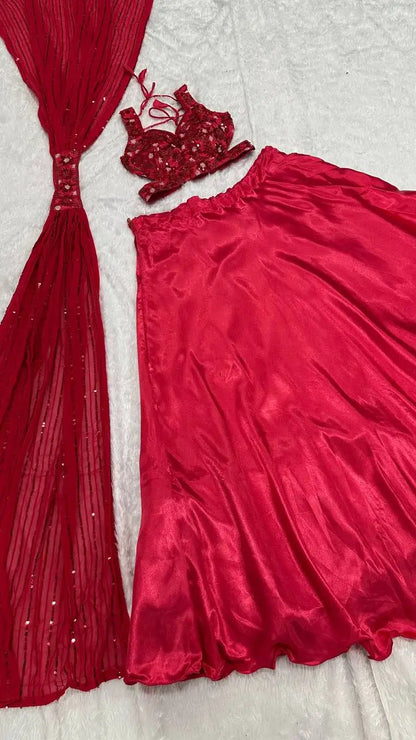 Red Satin Silk Lehenga Choli With Thread, Sequence & Dori Work