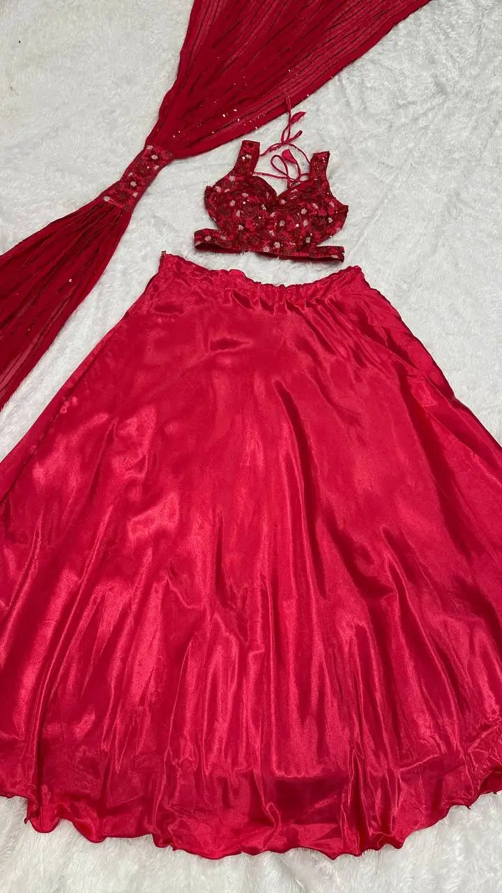 Red Satin Silk Lehenga Choli With Thread, Sequence & Dori Work