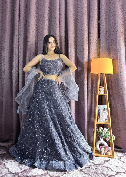 Grey Velvet Sequin Work Lehenga Choli With Ruffle Dupatta