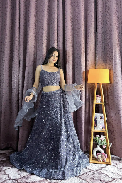 Grey Velvet Sequin Work Lehenga Choli With Ruffle Dupatta